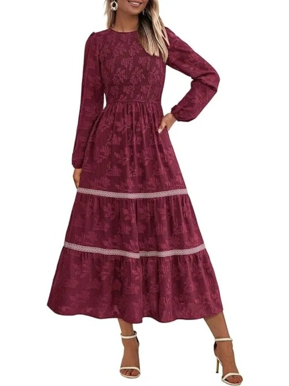 New Dress Modest A-Line Smocked Midi Floral Tiered Lace Sz‎ L Wedding Guest
